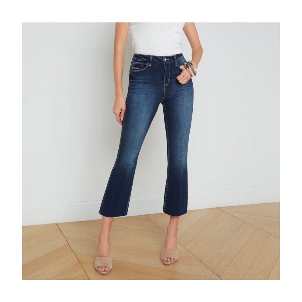 L'AGENCE Women Cotton Jeans 23 Blue Boho High Rise Cropped Flare Raw Hem